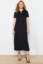Black Polo Neck Shift/Regular Cut Midi Stretchy Knitted Dress