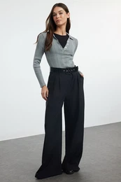 Black Wide Leg Belted Fabric Woven Trousers