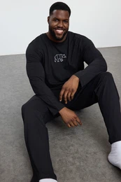 Black Men's Regular Embroidered Knitted Plus Size Pajama Set