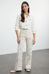 Ecru Embroidered High Waist Wide Leg Trousers