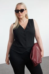 Curve Black Striped V Neck Knitted Plus Size Vest