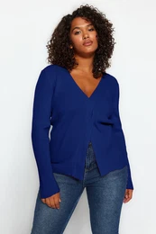 Curve Saxe Front Knot Detailed V Neck Knitwear Sweater