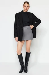 Gray Pocket Detailed Stitched Woven Shorts Skirt