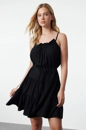 Black Skater/Belt Opening Gathered Mini Woven Dress