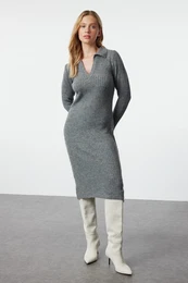 Anthracite Midi Knitwear Soft Textured Polo Neck Dress