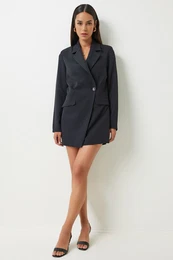 Happiness stanbul Women's Black Double Breasted Collar Boyfriend Dress Jacket
