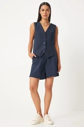 Happiness stanbul Women's Navy Blue V-Neck Vest Shorts Set