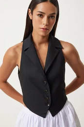 Happiness stanbul Women's Black Shawl Collar Woven Vest