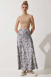 Happiness stanbul Women's Gray Beige Patterned Satin Surface Skirt