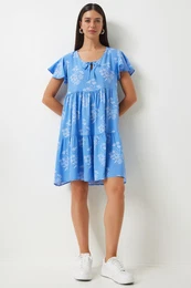 Happiness stanbul Women's Blue White Floral Summer Flared Viscose Dress