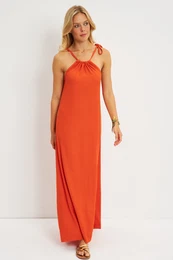 Women's Orange Halter Neck Wrap Midi Dress