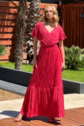 Trend Alaat Stili Women's Coral Double Breasted Collar Self-Textured Skirt Flounce Maxi Length Dress
