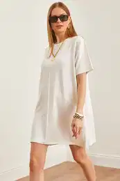 Women's Ecru Front Stitched Soft Textured Mini Dress