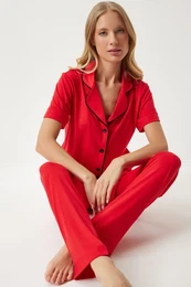 Happiness stanbul Women's Red Piping Detailed Shirt Trousers Pajama Set