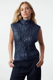 Navy Blue Foil Printed Knit Sweater