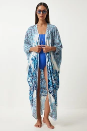 Happiness stanbul Women's Blue Ecru Patterned Asymmetrical Viscose Kimono