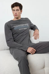 Men's Anthracite Regular Fit Printed Knitted 100% Cotton Pajama Set