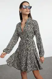 Multicolored Belted Animal Patterned Skater/Waist Open Mini Viscose Woven Dress