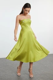 Oil Green A-Line Neckline Elegant Evening Dress with Stone Accessory Detail
