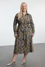Curve Khaki Women's Floral Midi Buttoned Belted Woven Plus Size Shirt Dress