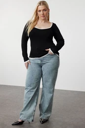 Curve Black Square Neck Body-hugging Thin Knitwear Sweater