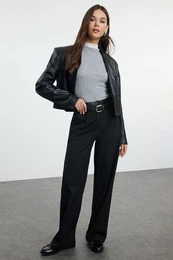 Black Double Belted Straight Cut Woven Fabric Trousers