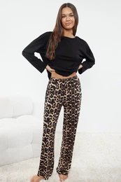 Black 100% Cotton Leopard Patterned Knitted Pajama Set