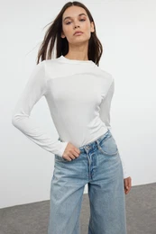 Ecru Gathered Collar Lined Knitted Bodysuit