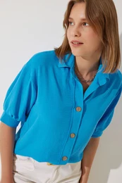 Happiness stanbul Women's Blue Balloon Sleeve Linen Ayrobin Shirt
