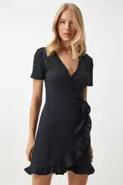 Happiness stanbul Women's Black Flounce Wrap Collar Knitted Dress