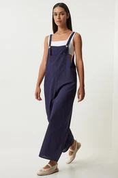 Happiness stanbul Women's Navy Blue Strappy Thin Gabardine Summer Gardener Overalls