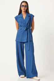 Happiness stanbul Women's Indigo Blue Belted Vest Palazzo Knitted Suite