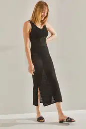 Women's V-Neck Slit Detailed Unlined Openwork Dress