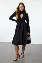 Black Balloon Skirt Detail Chic Midi Evening Dress