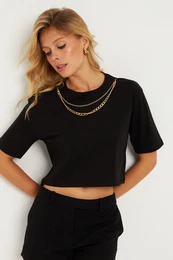 Women's Black Chain Accessory Short T-Shirt HT109