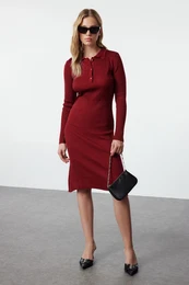 Red Midi Knitwear Polo Neck Dress