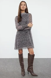 Beige Abstract Woven Winter Dress