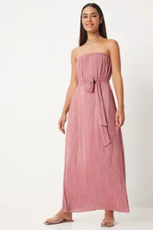 Happiness stanbul Women's Pink Strapless Belted Pleated Dress