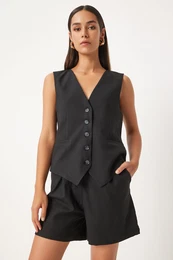 Happiness stanbul Women's Black V Neck Vest Shorts Set