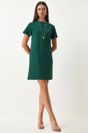 Happiness stanbul Women's Emerald Green Crew Neck Basic Crepe Dress