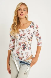 Women's Ecru Floral Patterned Snap-On Body RK40