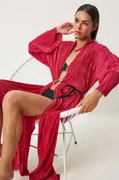 Happiness stanbul Women's Dark Pink Leather Belted Pleated Long Kimono