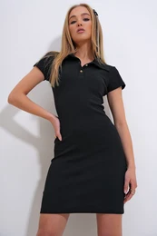 Trend Alaat Stili Women's Black Polo Collar Buttoned Ottoban Dress