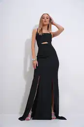 Trend Alaat Stili Women's Black Adjustable Strap Out Cut Slit Graduation Dress