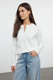 Ecru Buttoned Regular Cut Ribbed Flexible Normal Length Knitted Blouse