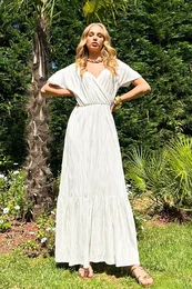 Trend Alaat Stili Women's White Double Breasted Collar Self-Textured Skirt Flounce Maxi Length Dress