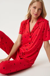 Happiness stanbul Women's Red Heart Shirt Trousers Pajama Set