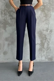 67537 Skinny Leg Belted Women Trousers-NAVY