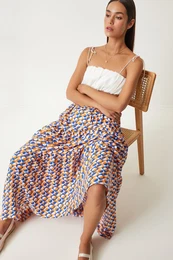 Happiness stanbul Women's Orange Blue Patterned Flounce Summer Maxi Viscose Skirt