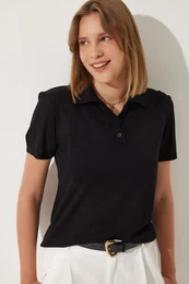Happiness stanbul Women's Black Polo Neck Light Transparent Summer Knitwear Blouse